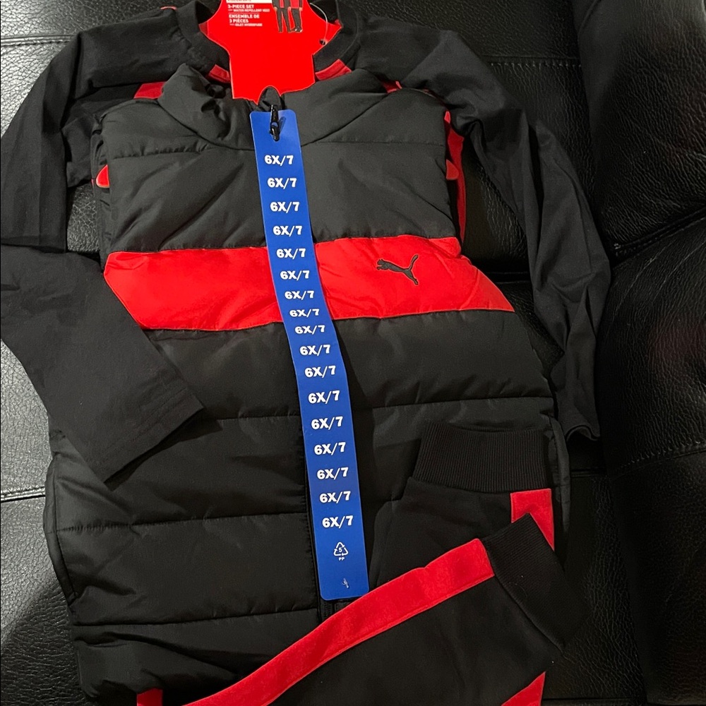 Puma Black and Red Kids' 3 piece set. Vest. Long sleeve tshirt. Joggers.